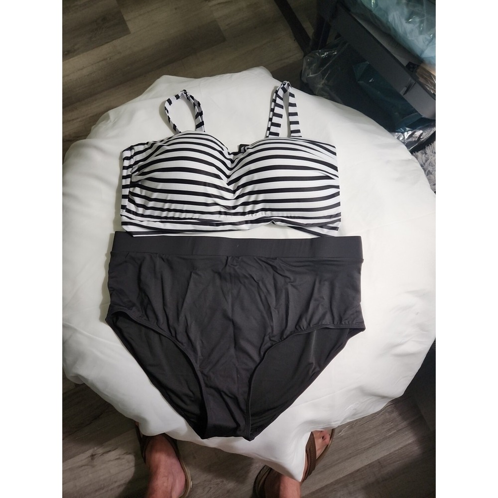 TEMPT‎ ME  Women's Bikini SZ 22W J Black & White Stipes/ Two Piece / High Waist